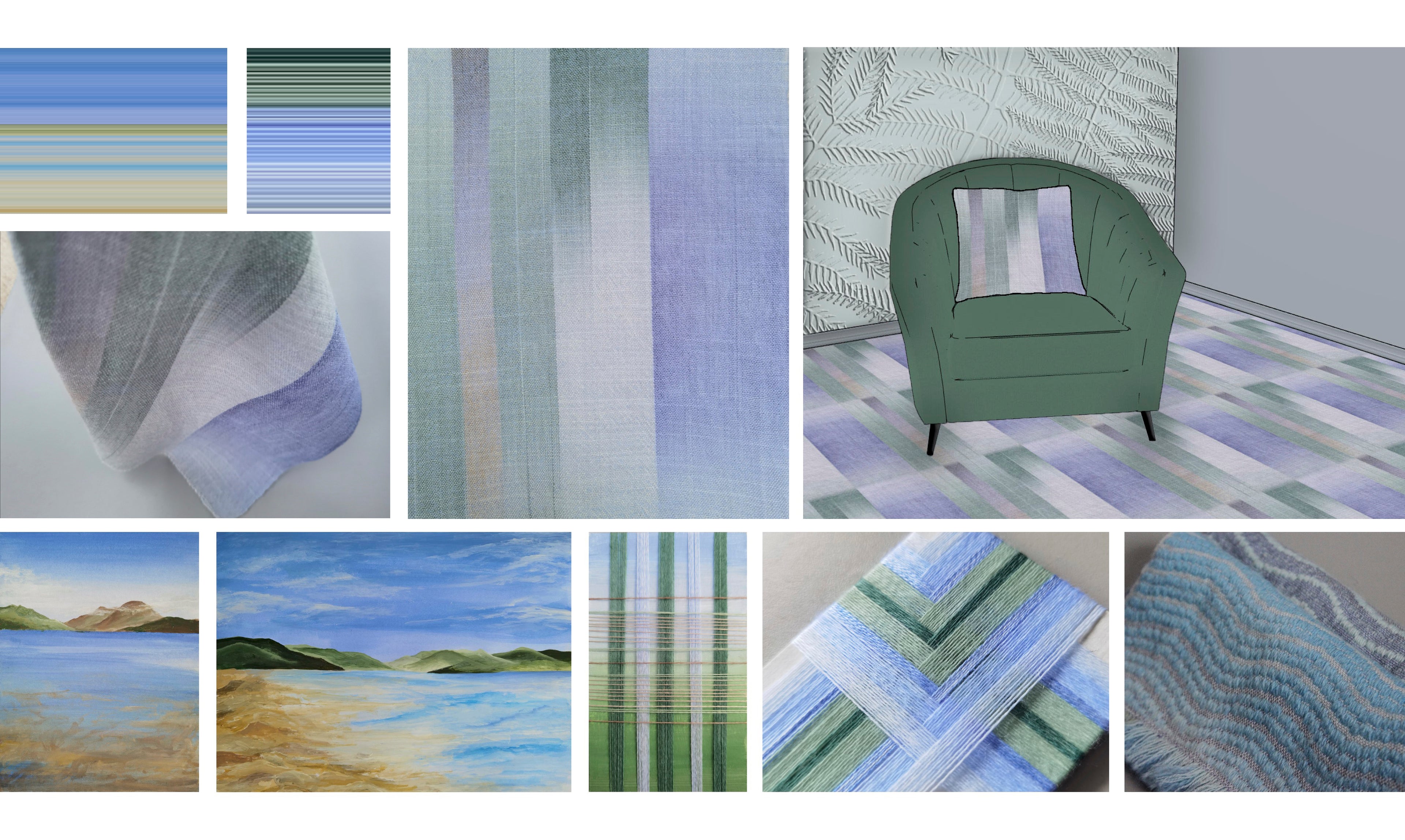 A mood board featuring woven textiles, soft gradients, and a green armchair with a matching patterned cushion.