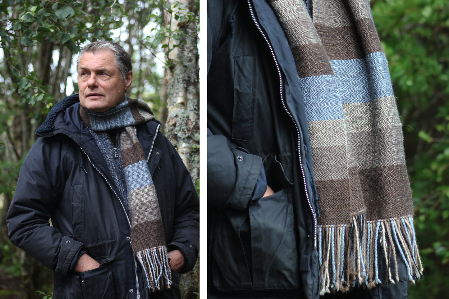 Close up and far away shot of herringbone scarf. Worn by male model.