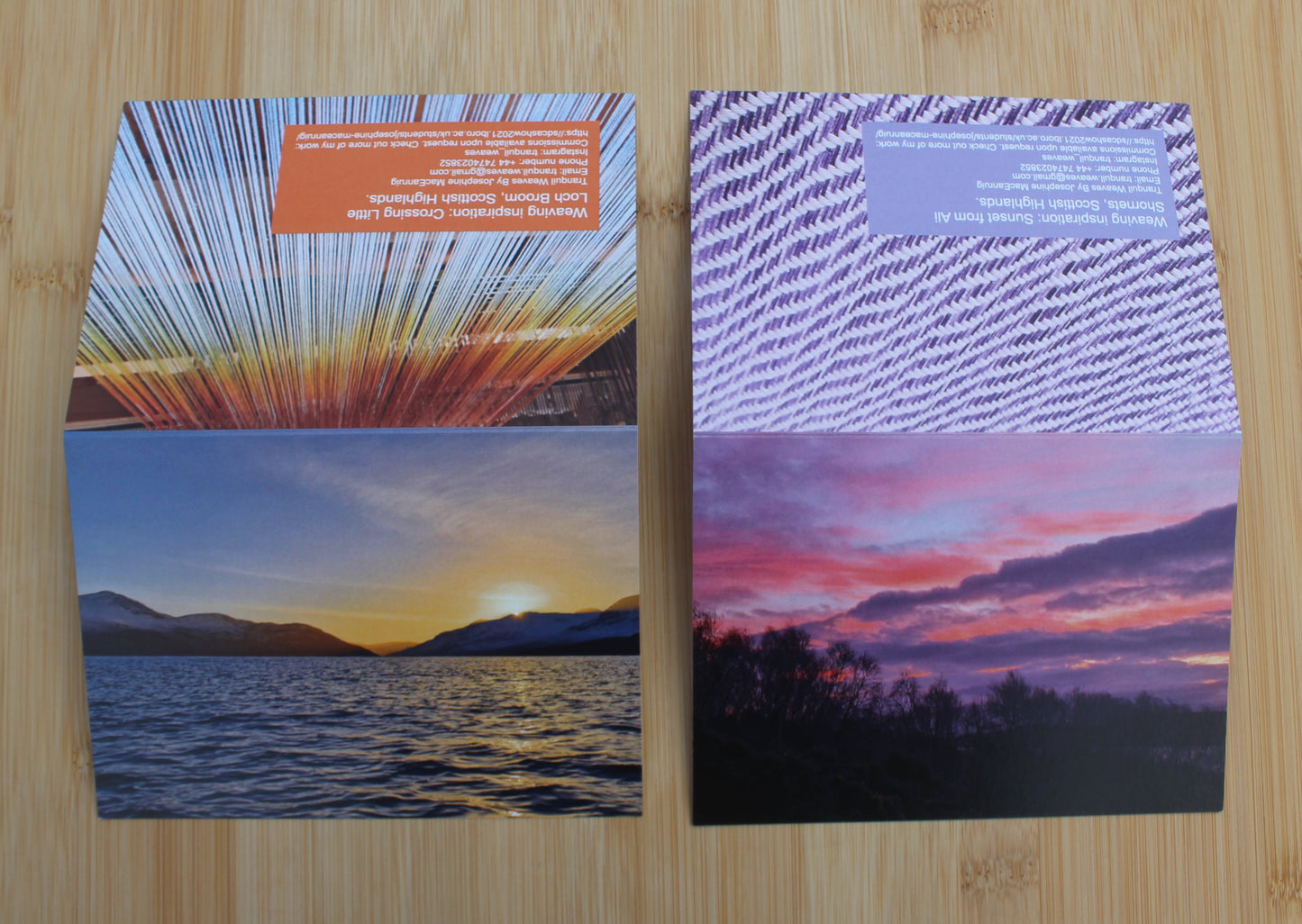 Showcasing the front and back of two cards. On the left the back of the early morning winter sunset has a weaving that gradients in colour from orange through to blue. On the right the pink and purple sunset has a purple wave weaving on the back.