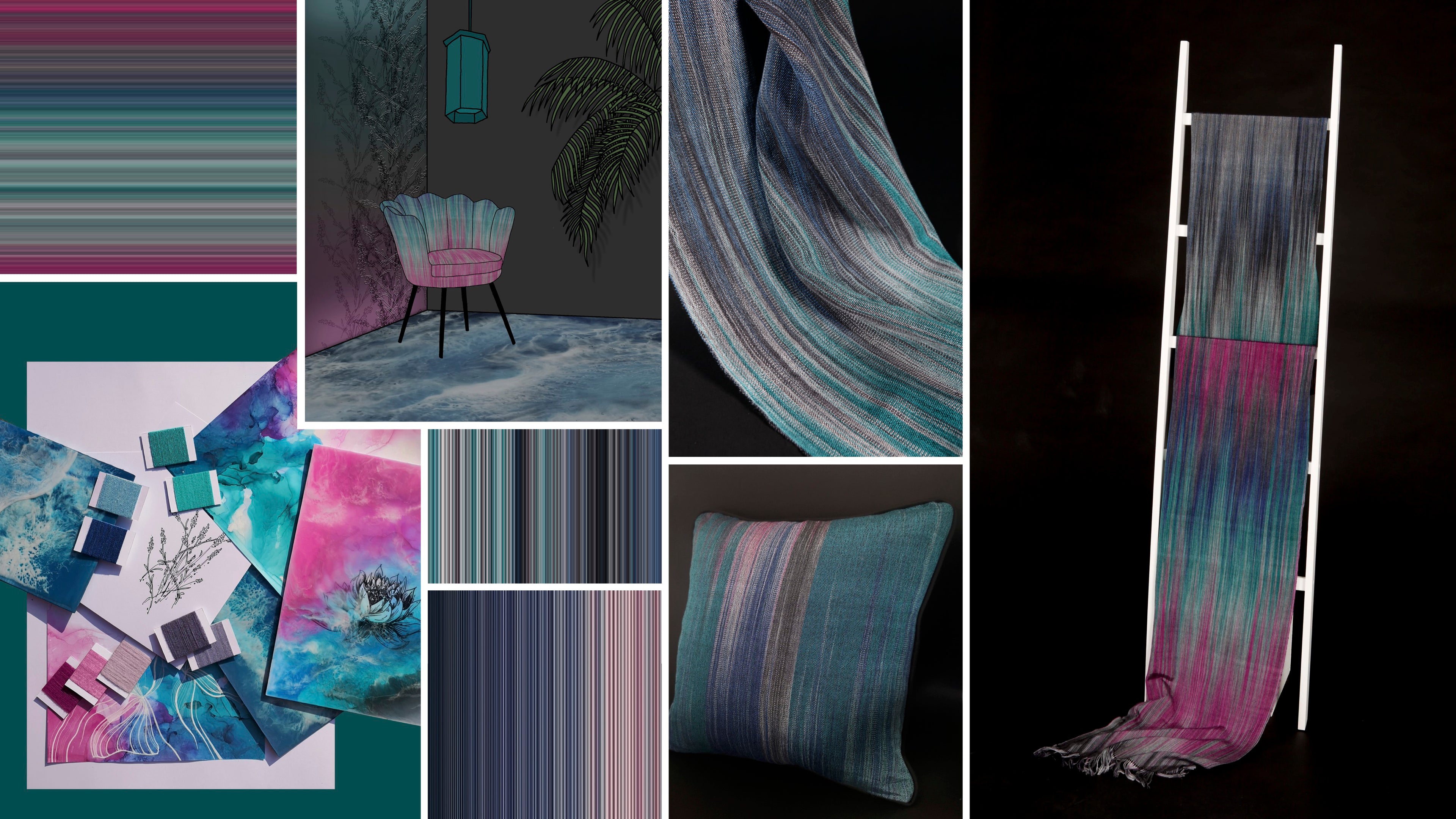 A collage showcasing handwoven textiles in teal, pink, and blue, with design sketches and fabric samples.