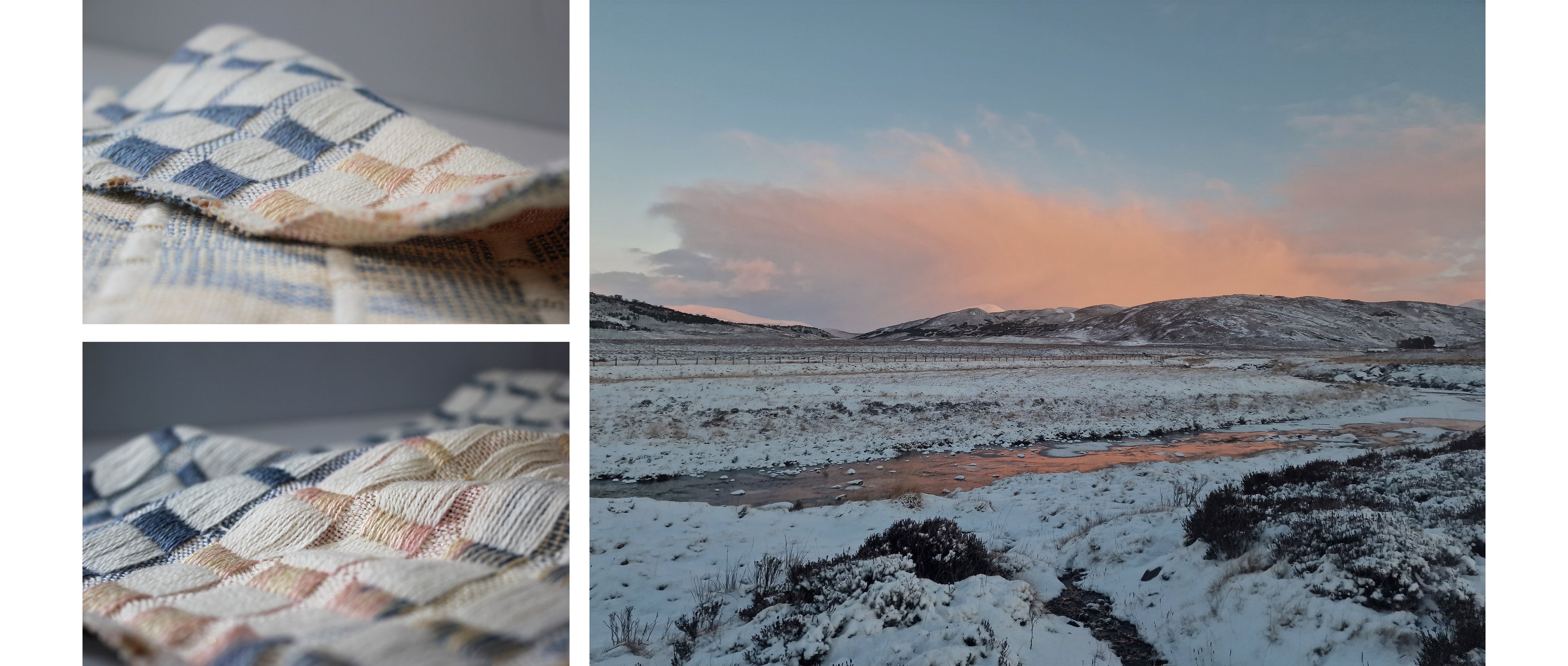 A collage of woven textile samples in soft hues alongside a snowy Scottish Highlands landscape at sunset.
