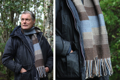 Close up and far away shot of herringbone scarf. Worn by male model. 